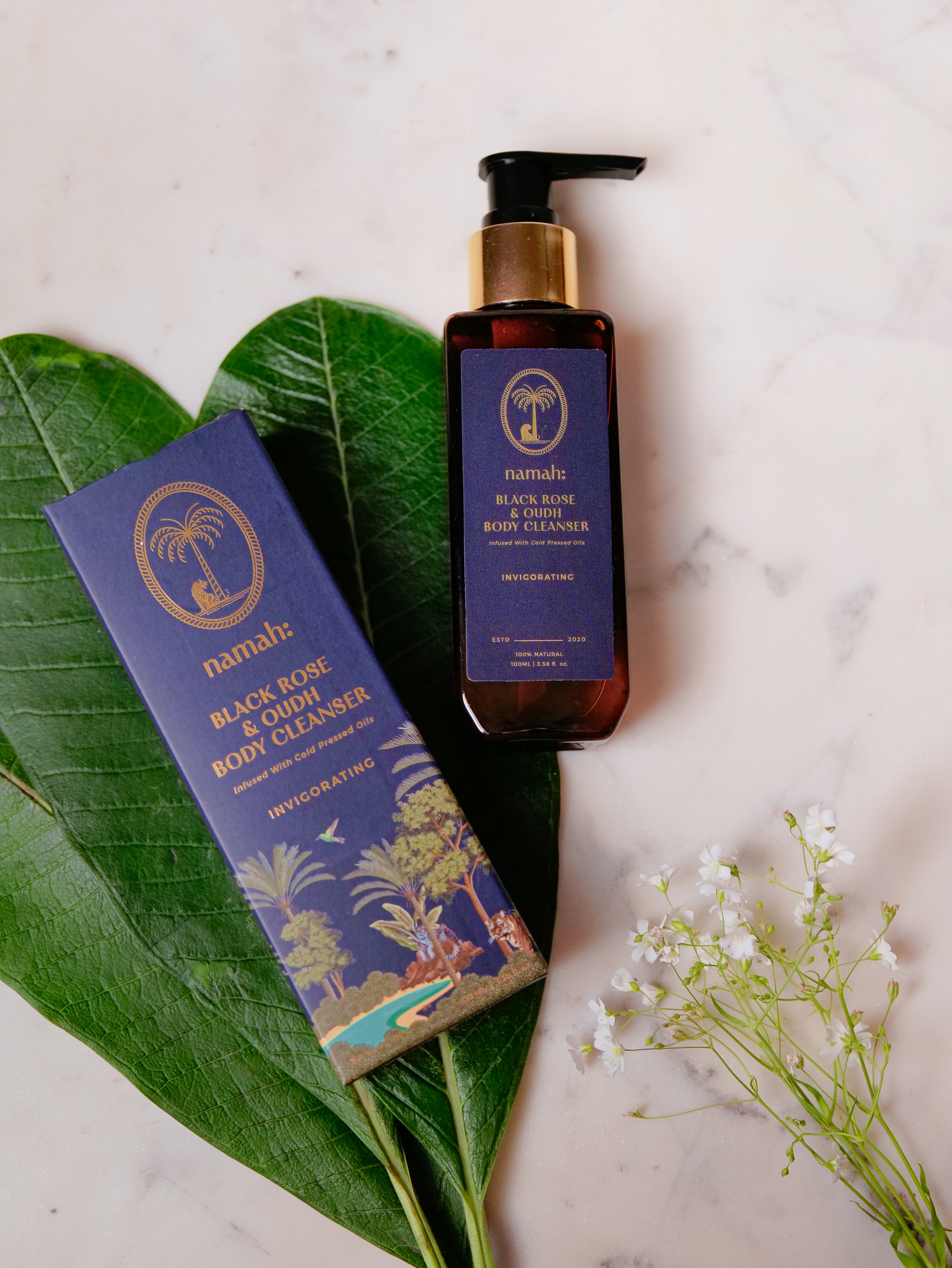 Black Rose & Oudh Body Cleanser, with box, Top View, Palm Leaf background