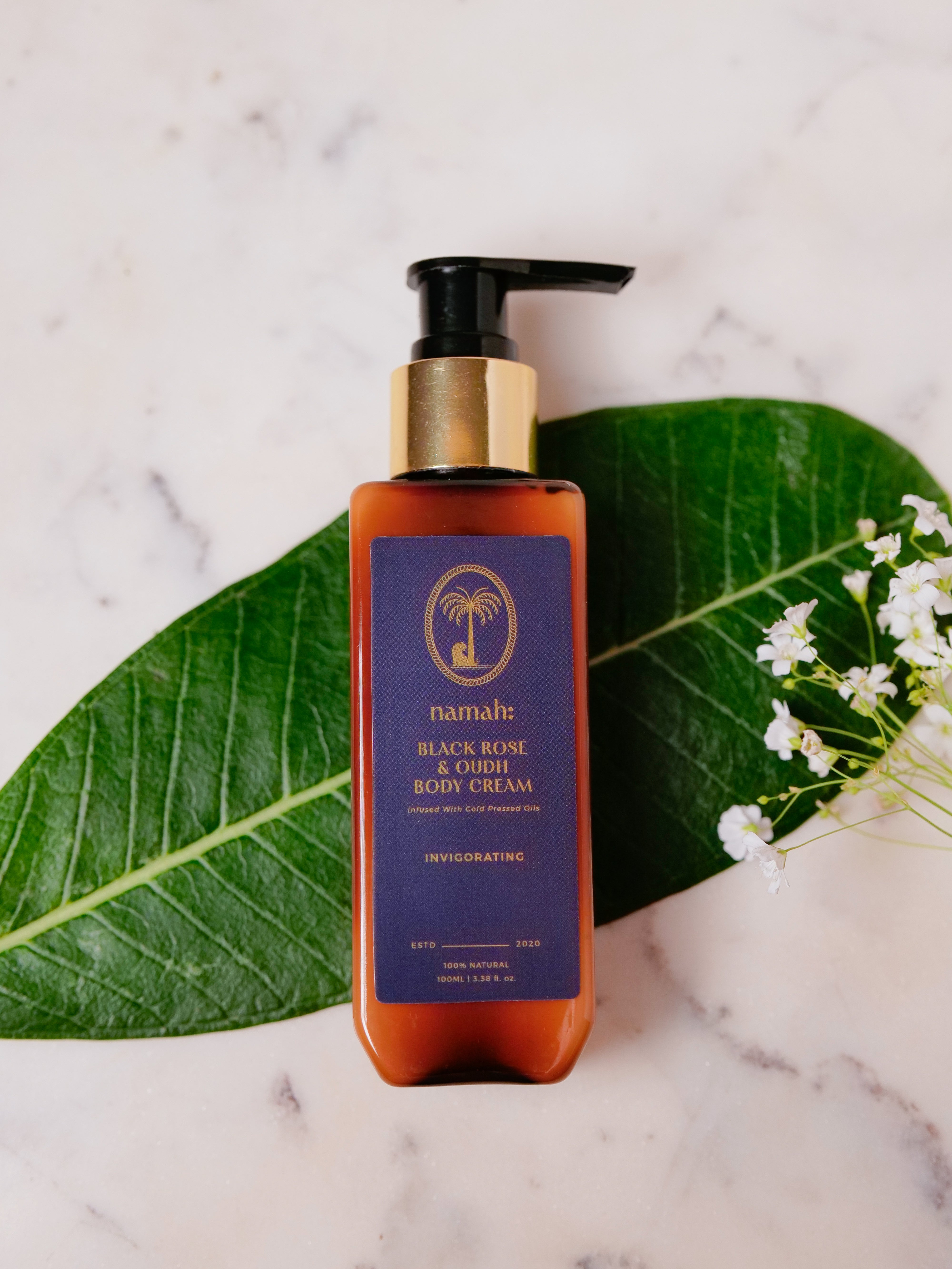Black Rose & Oudh Body Cream, Top View, Pal Leaf Background