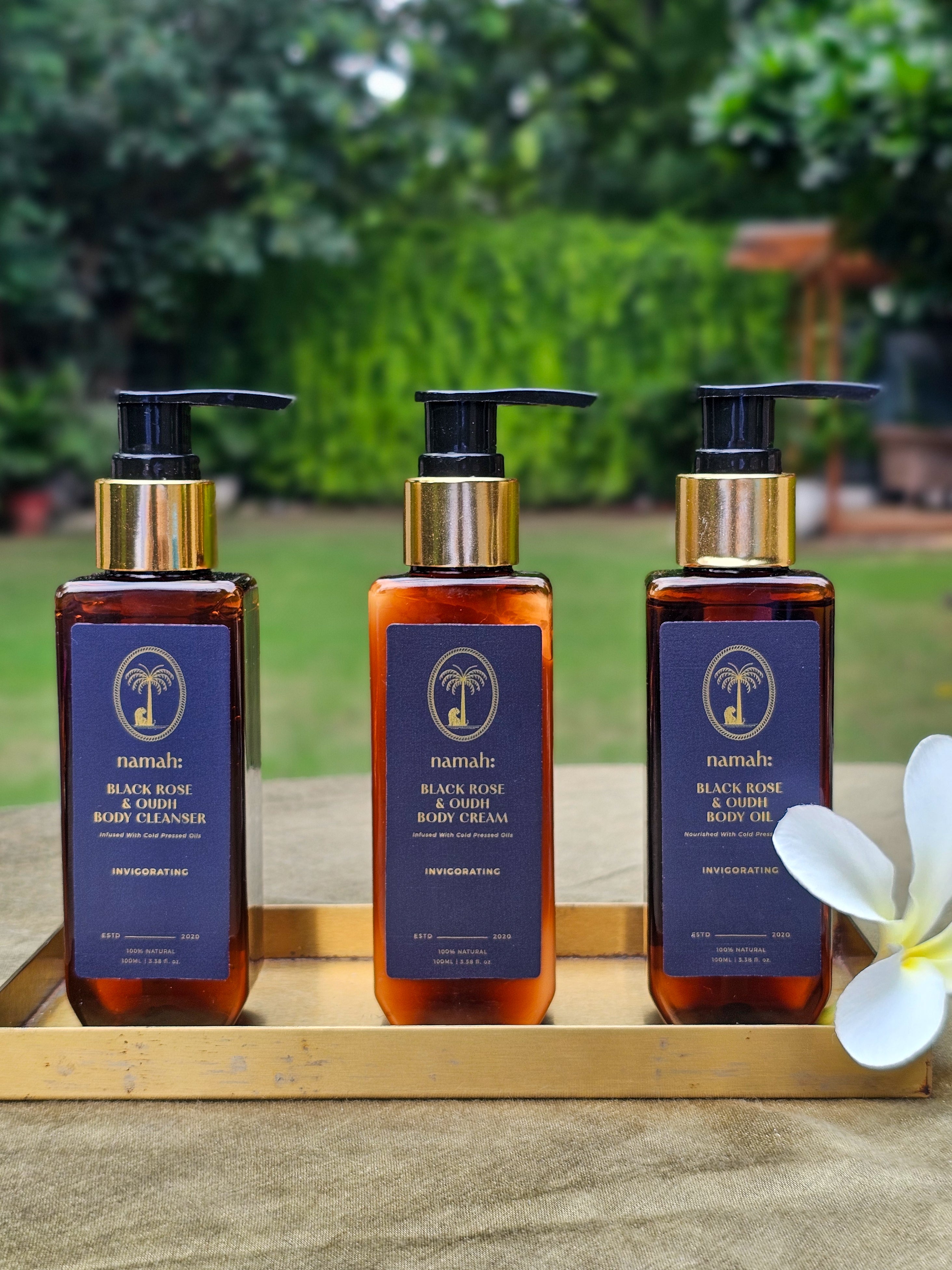 Black Rose & Oudh Body Cleanser, Black Rose & Oudh Body Cream, Black Rose & Oudh Body Oil, Front View, Lifestyle Shot