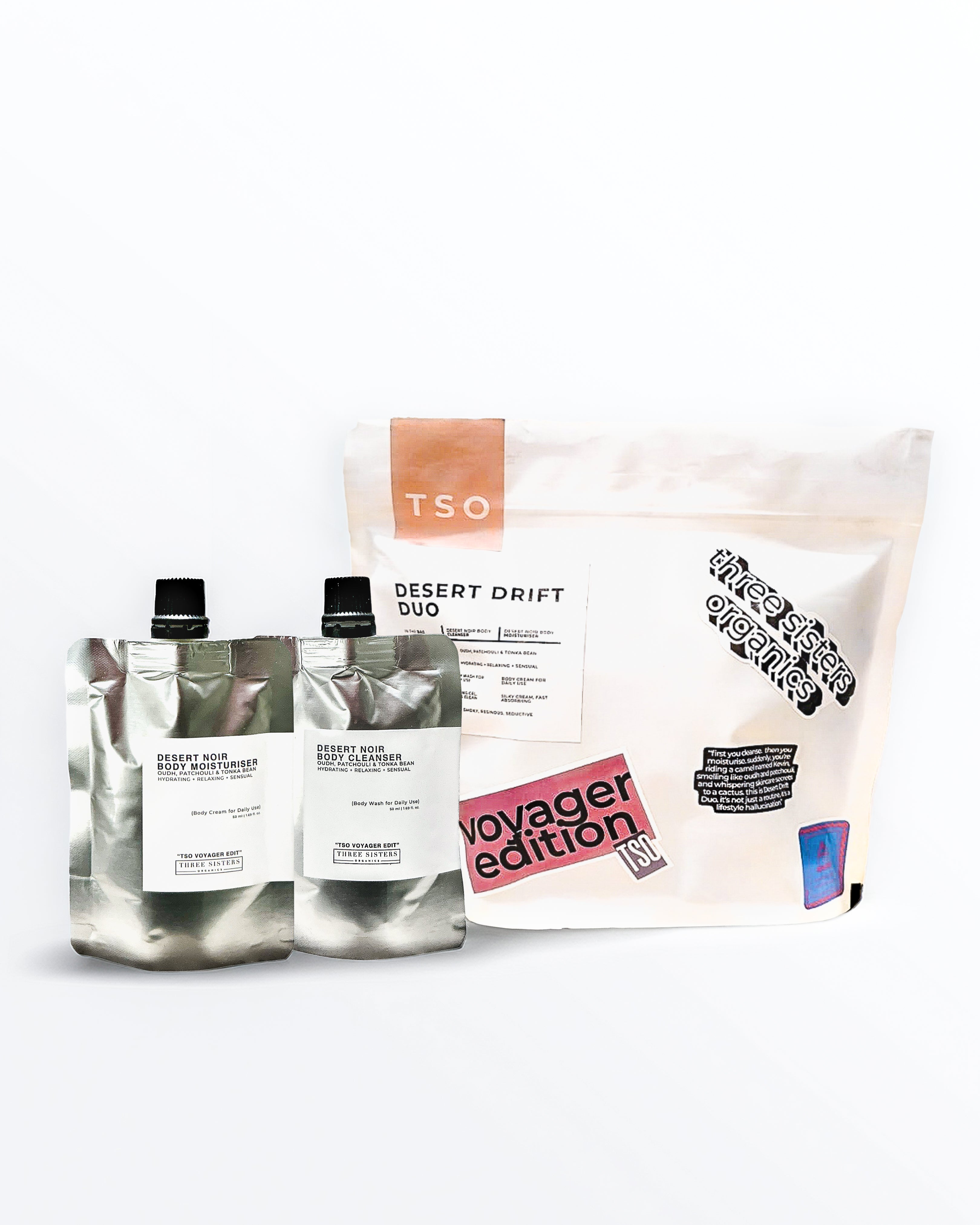 50ml body wash and cream in a unique kit designed as coffee bag