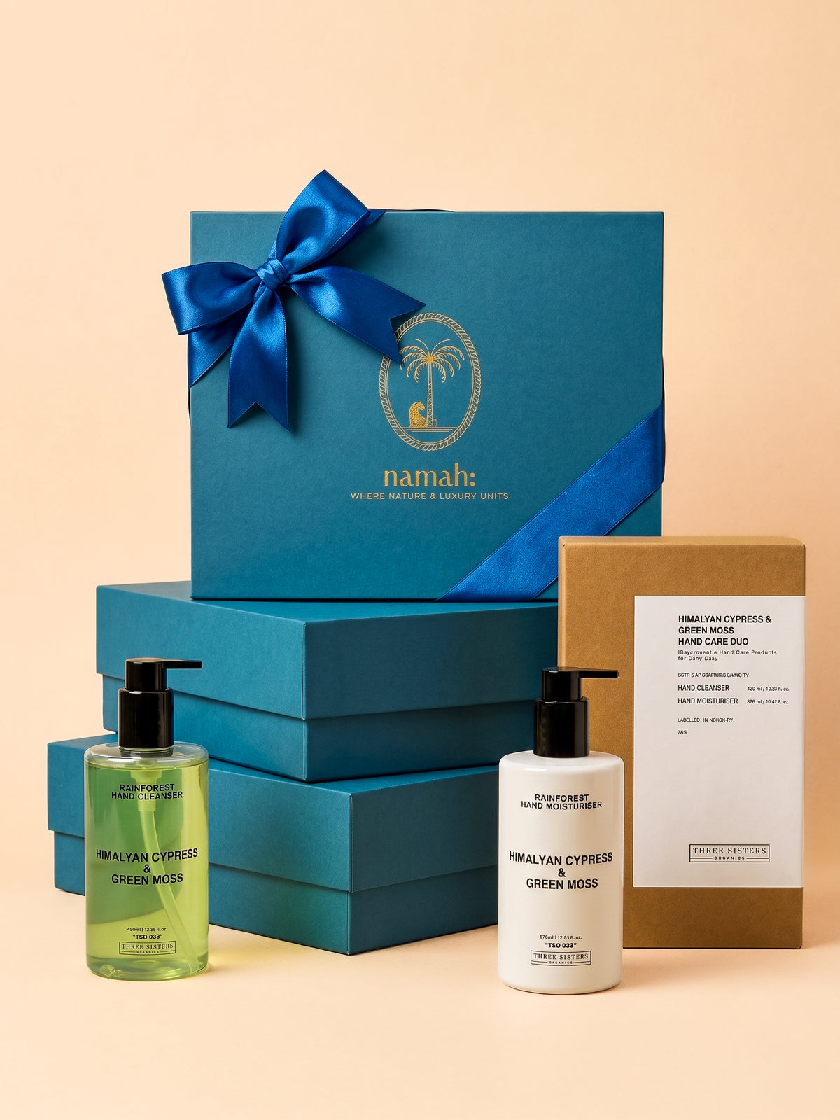 Two bottles of Himalyan Cypress & Green Moss Hand Wash and Cream in a luxury gift box