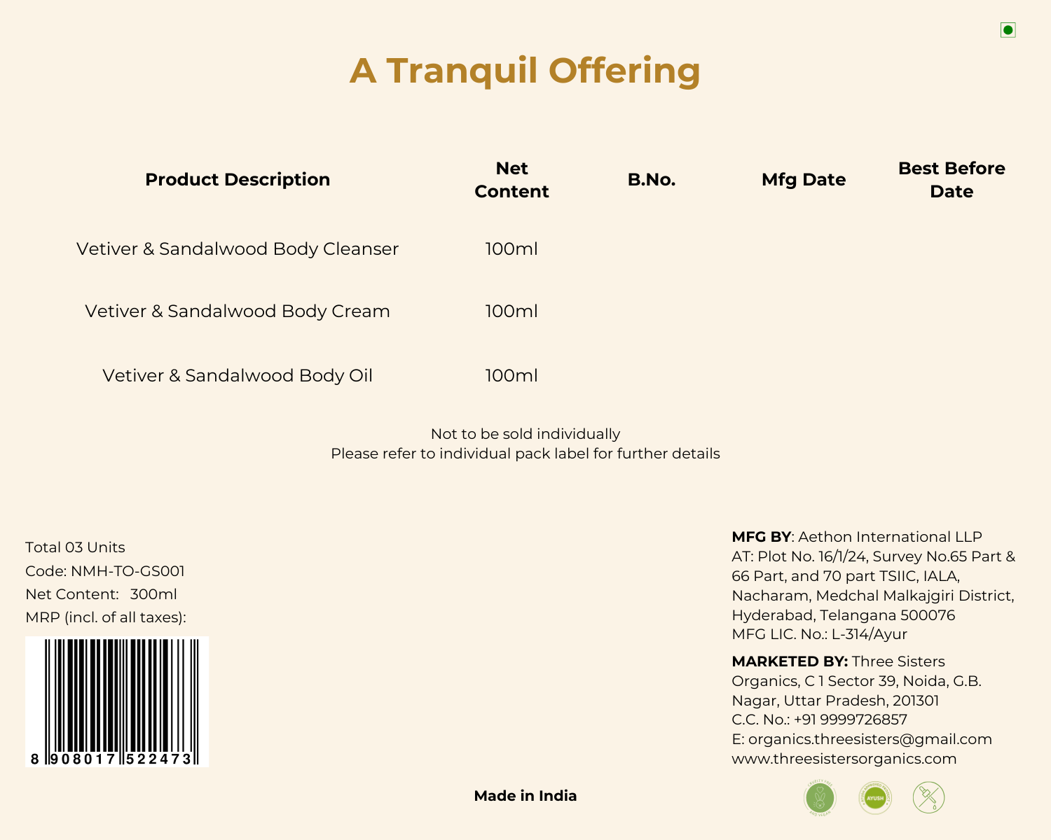 Namah: A Tranquil Offering Back Label, Label Only, Product Info