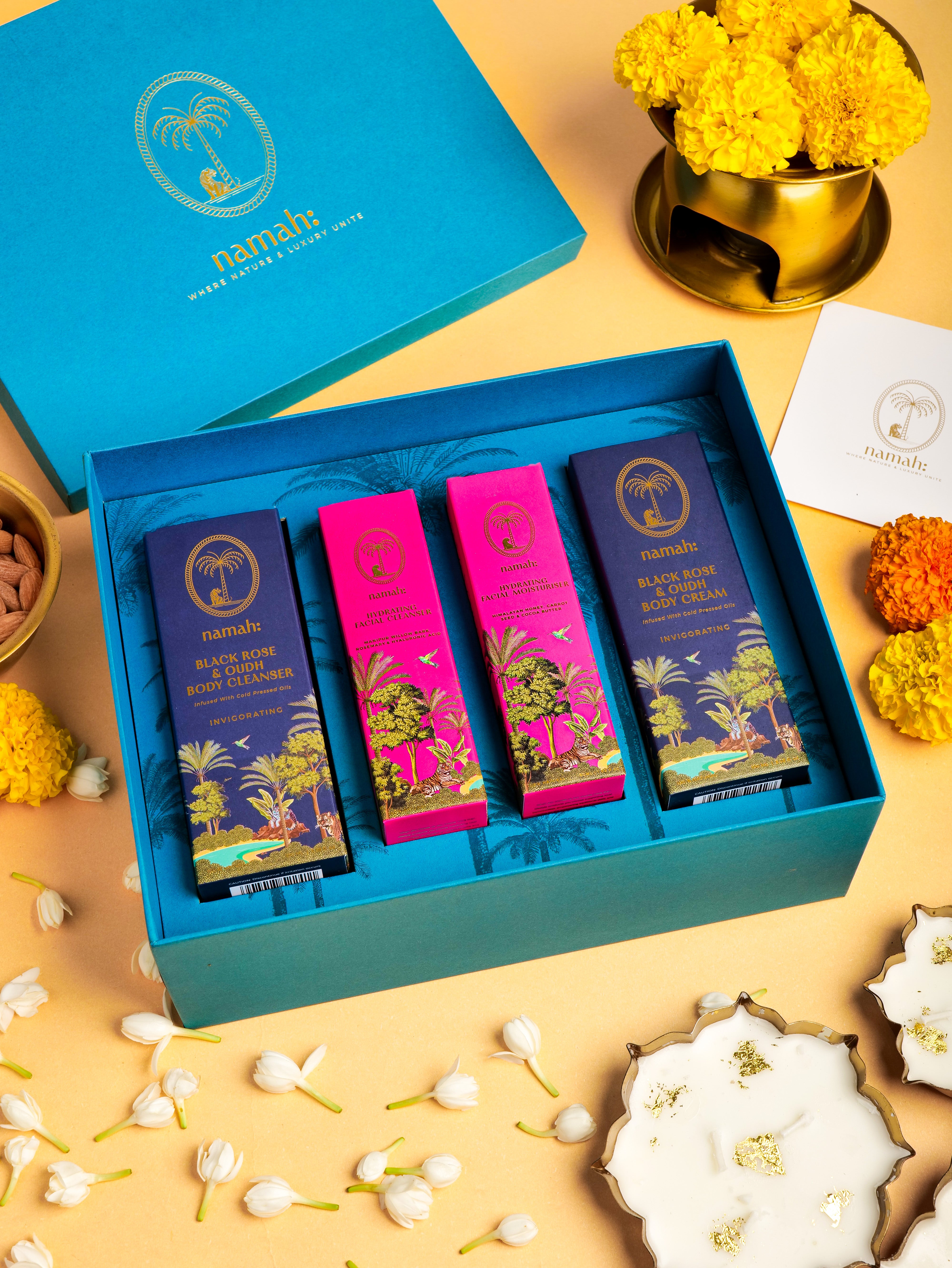 Namah: The Radiance & Calm Ritual Black Rose & Oudh Gift Set, Top View, Box Open