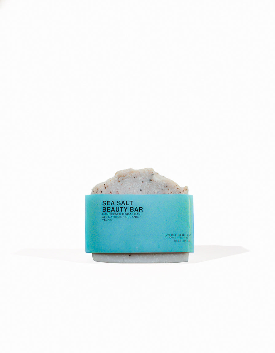 Sea Salt Handmade Soap Bar with blue packaging on a white background
