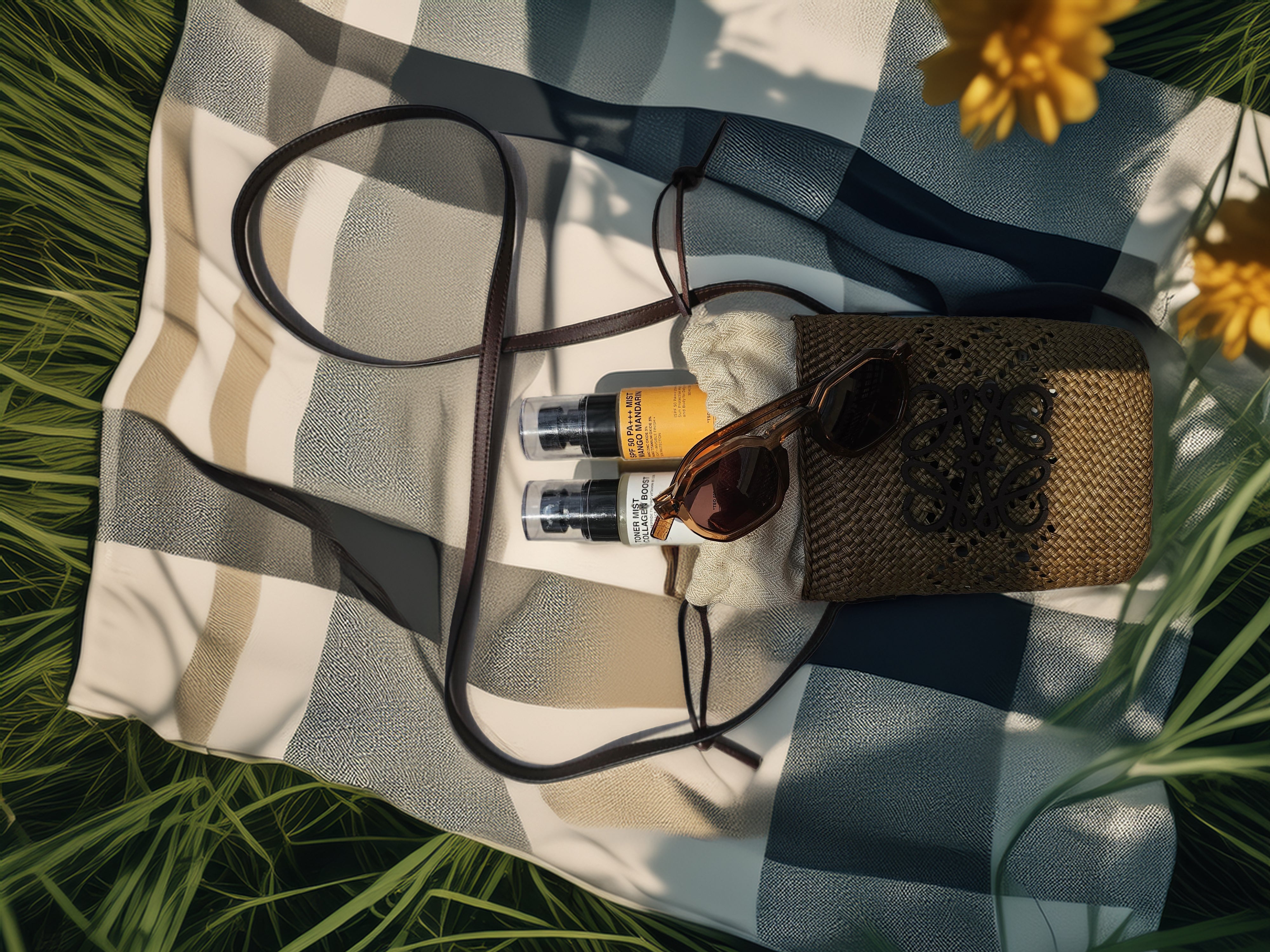 Loewe bag contains toner mist collagen boost and SPF 50 PA+++Mist Mango Mandarin in a picnic environment