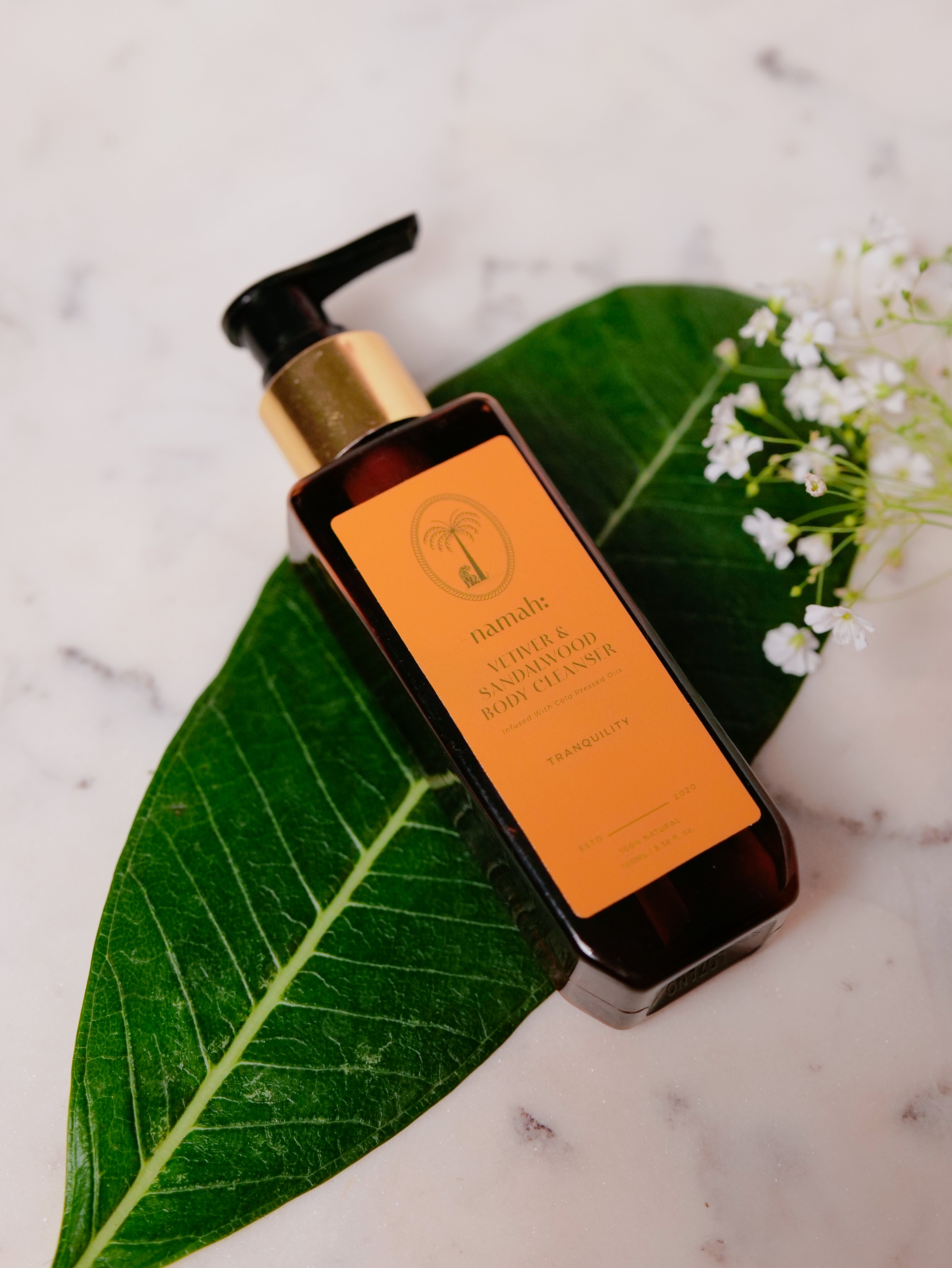 Vetiver & Sandalwood Body Cleanser, Palm Leaf Background, Top View