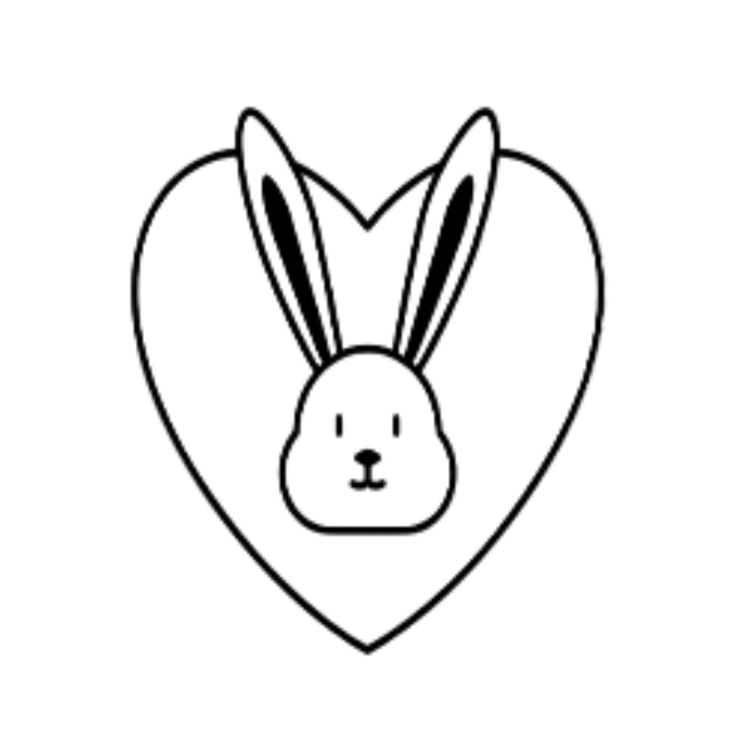 A minimalist black line art illustration of a bunny face inside a heart outline, centered on a light gray background.