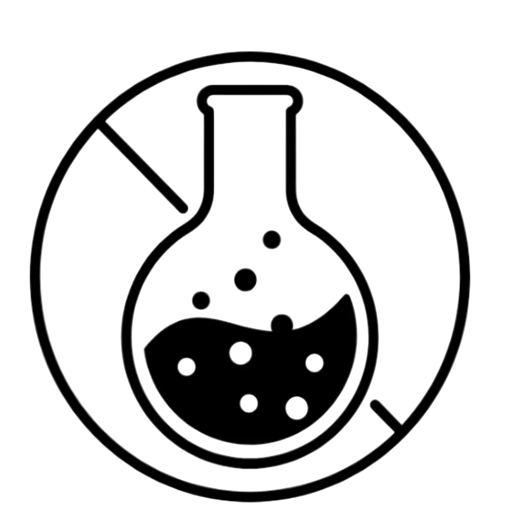 Black line art icon of a round-bottom flask with bubbling liquid inside, enclosed in a circle with diagonal slash marks, on a light gray background.