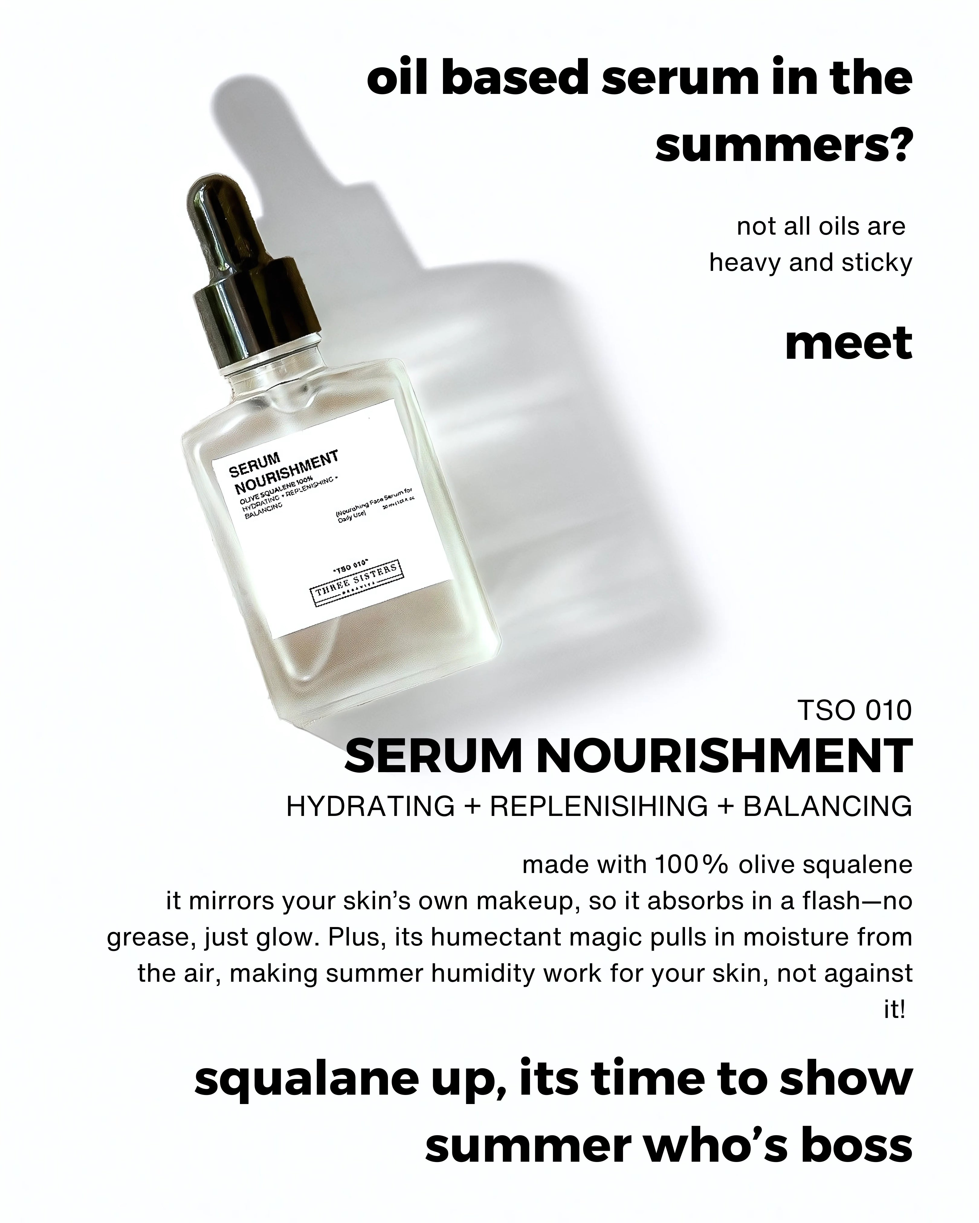 write up of why serum nourishment in summers, details of benefits of the product, small serum nourishment bottle in the top left