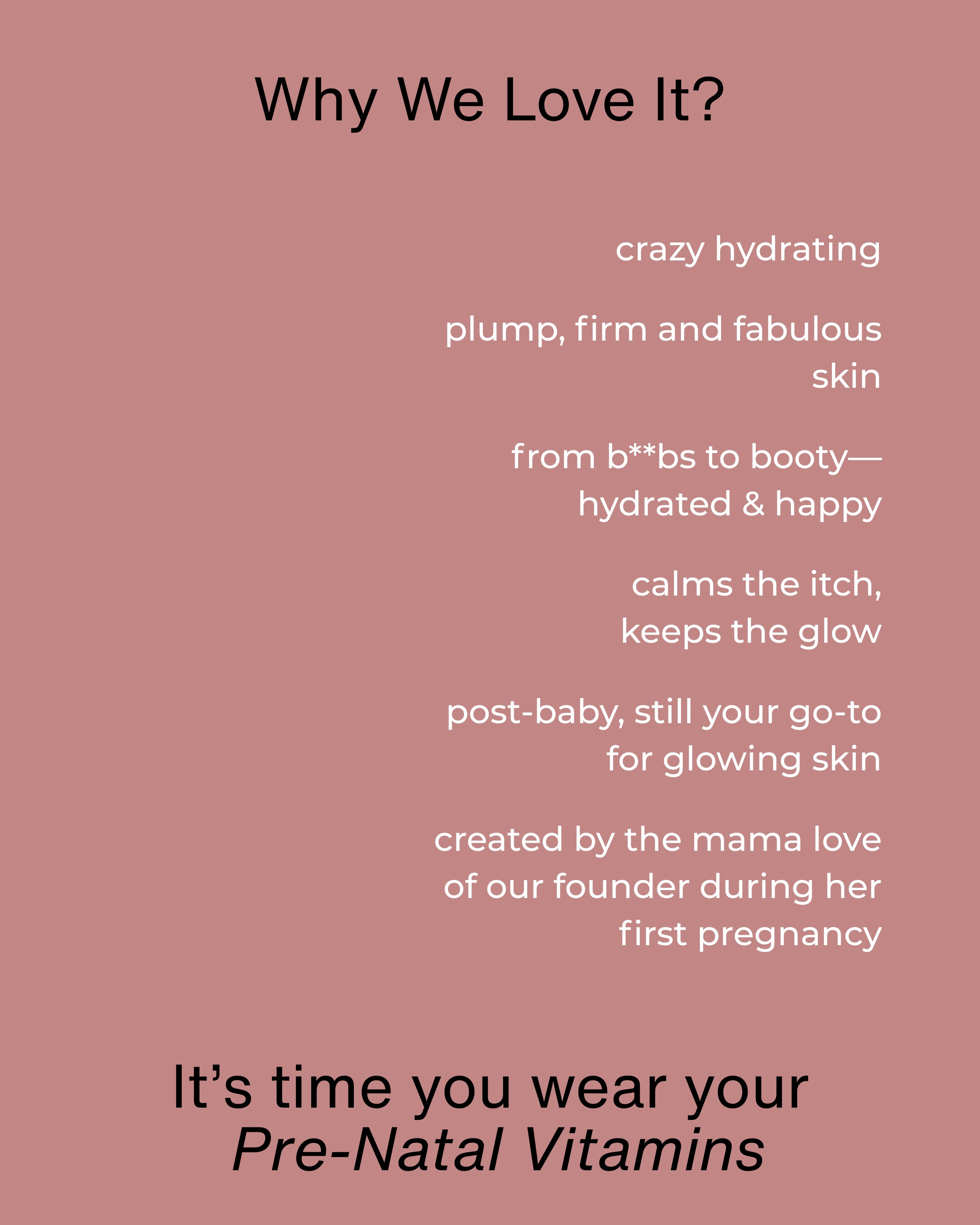 Text on a pink background explaining the benefits of pre-natal and post natal oil for skin health.