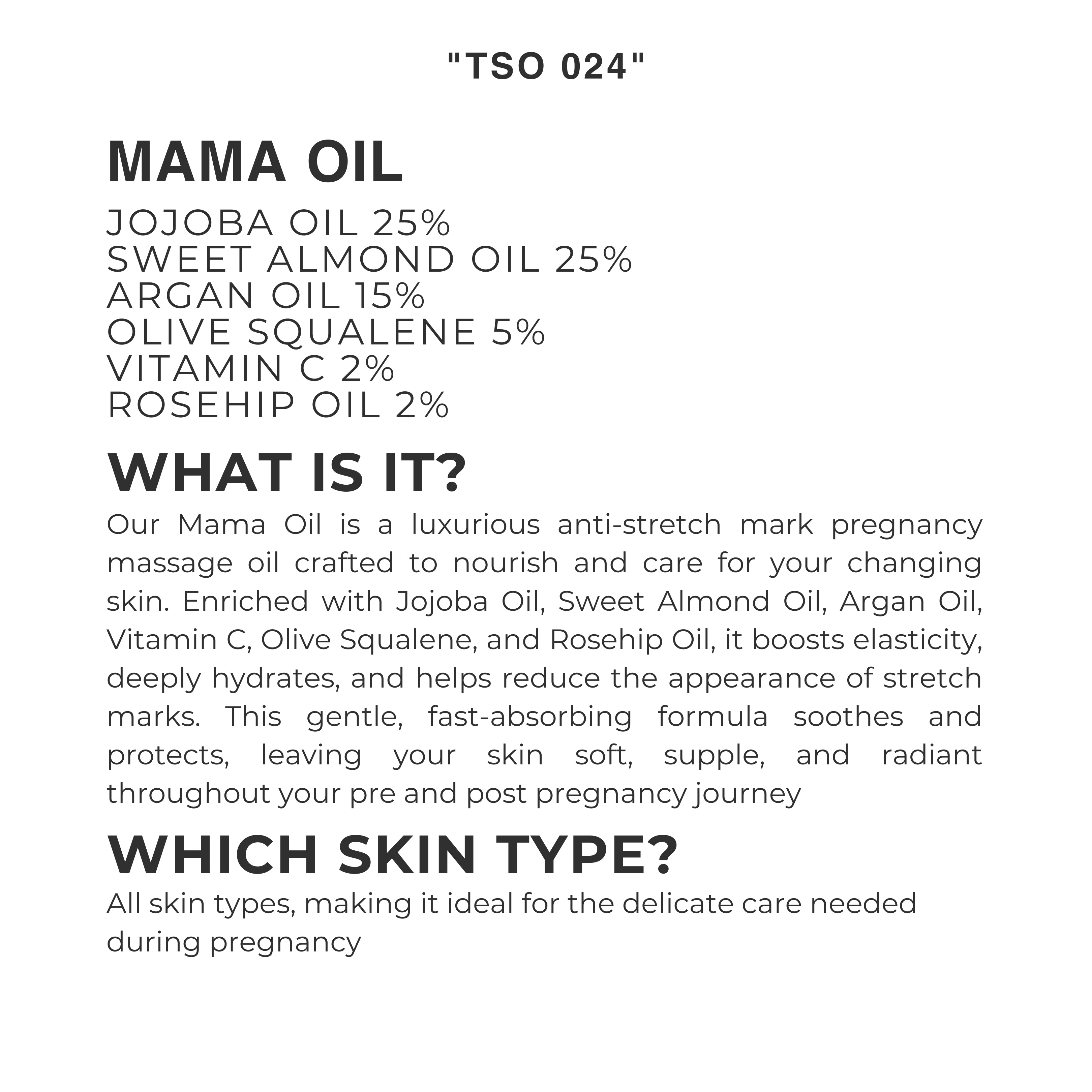 Product label for 'Mama Oil' with oil composition and benefits on a white background