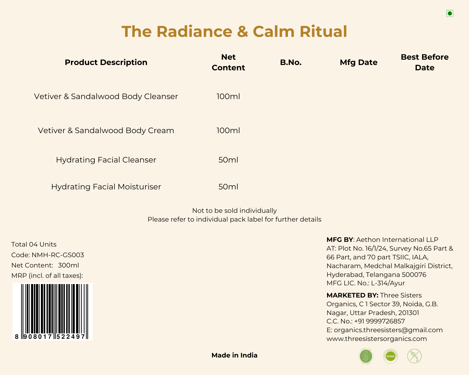 Namah: The Radiance & Calm Ritual Vetiver & Sandalwood Back Label, Label Only