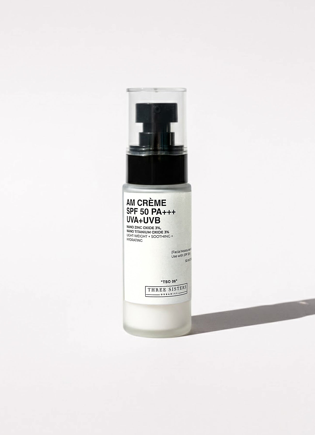 Skincare bottle labeled 'AM Crème SPF 50 PA+++ UVA+UVB' on a white background