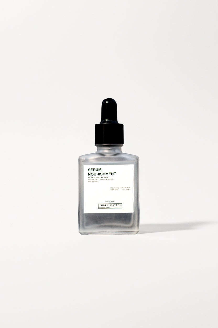 Serum bottle labeled 'Nourishment' on a white background
