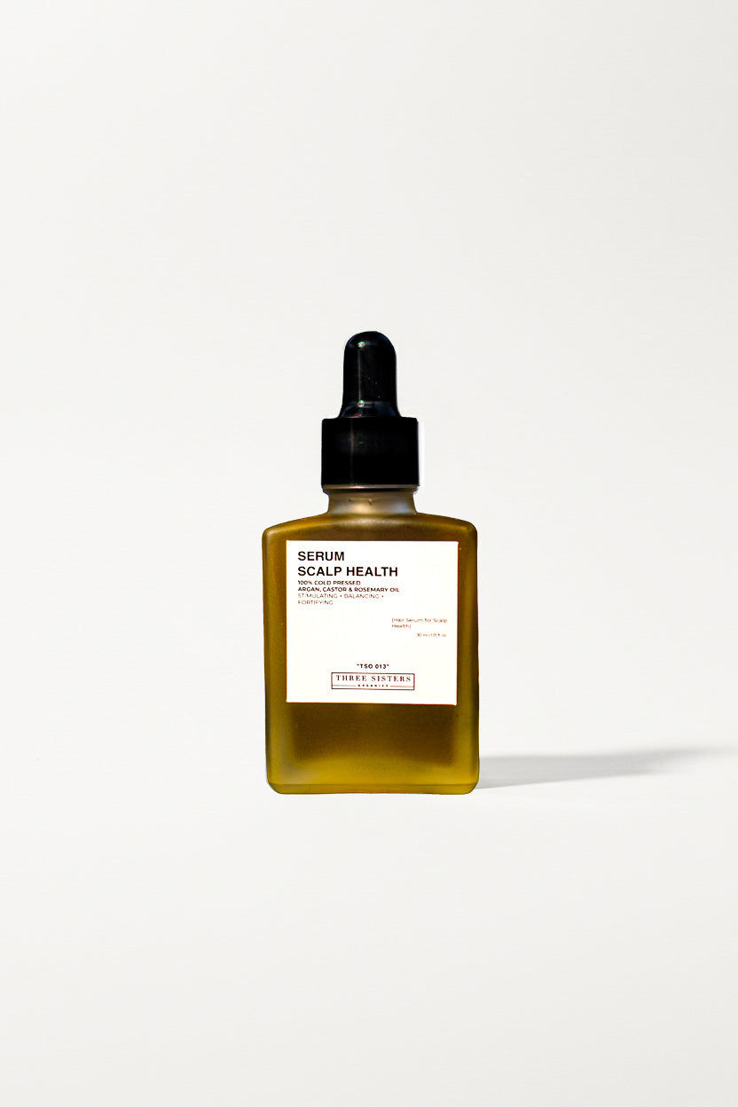 Serum bottle labeled 'Scalp Health' on a white background