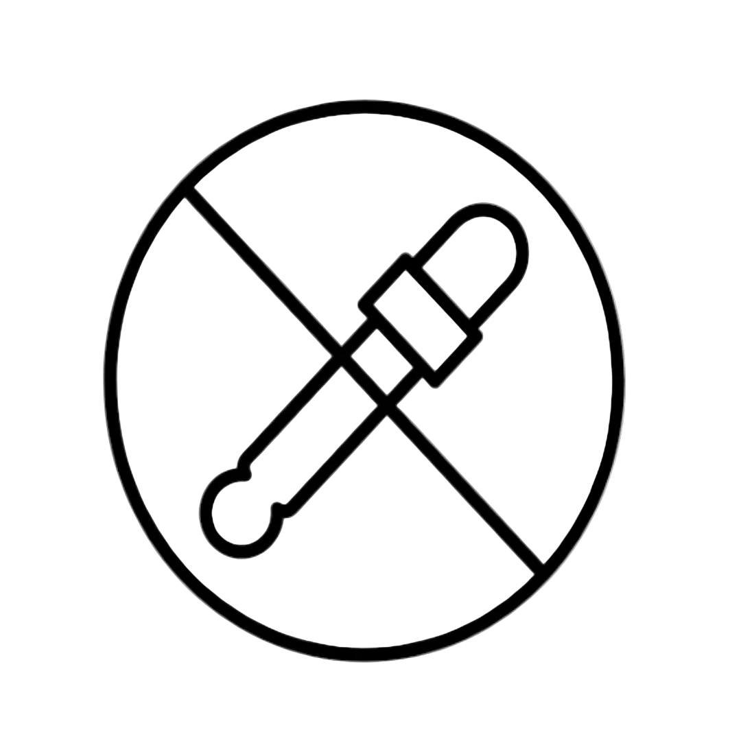 A black line icon of a dropper inside a circle with a diagonal prohibition slash, shown on a light gray background.