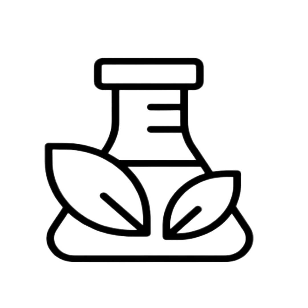 A minimalist black line icon depicting a laboratory flask with two leaves growing from it, set against a solid white background.