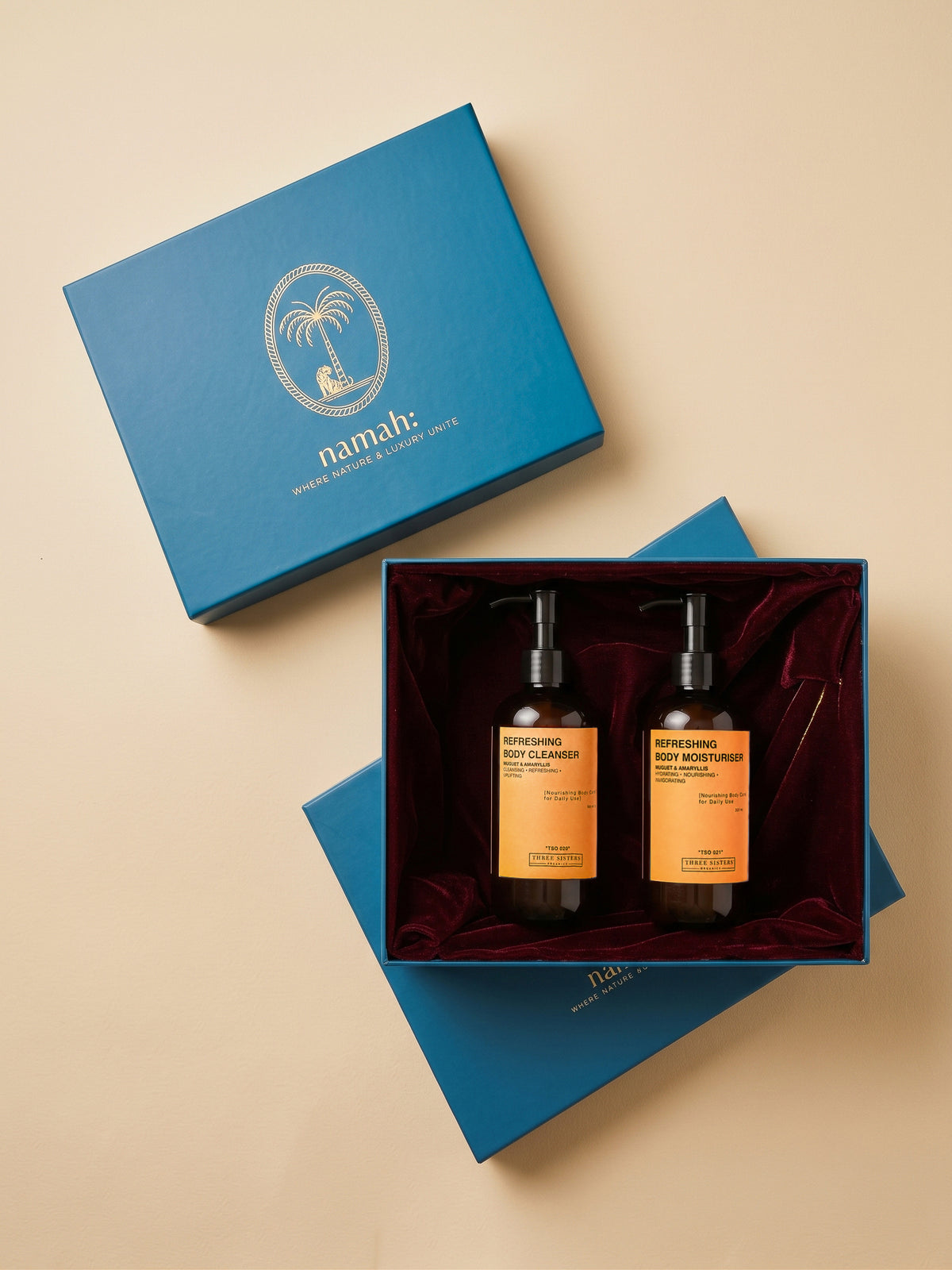 Two bottles of Refreshing Body Wash and Cream in a luxury gift box