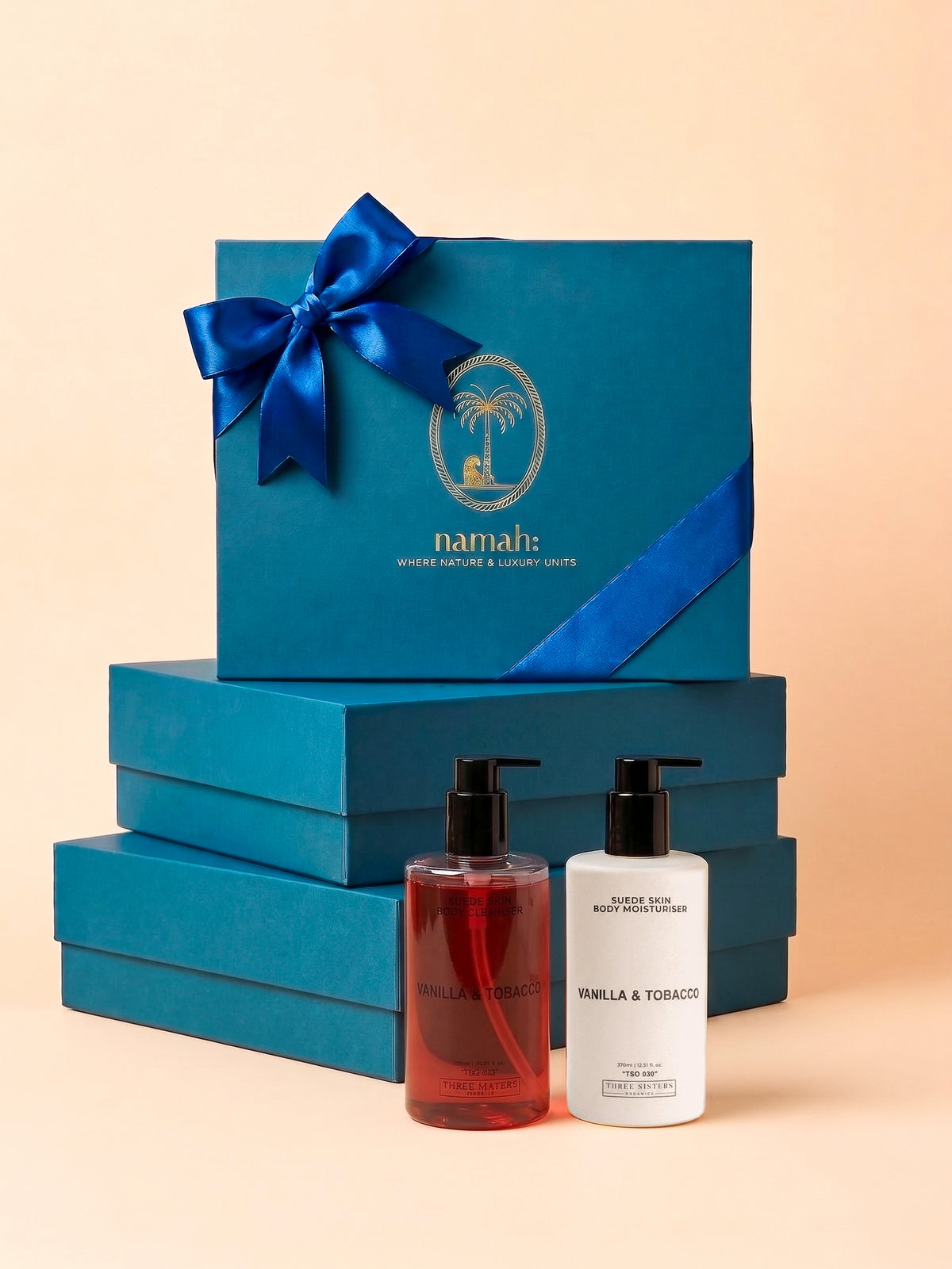 Two bottles of Vanilla & Tobacco Body Wash and Cream in a luxury gift box