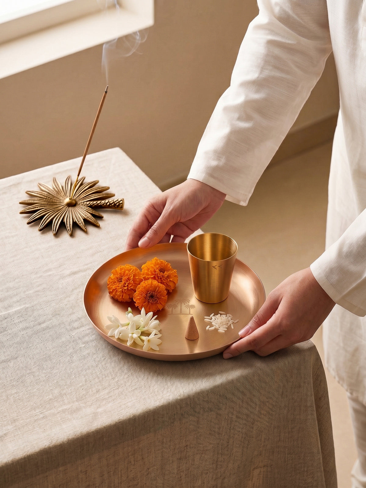 Lifestyle picture of a person holding a brass plate with marigold flowers, white flowers, uncooked rice and a dhoop cone. In the background on beige table a palm shaped brass incense holder stand with a single incense stick is placed